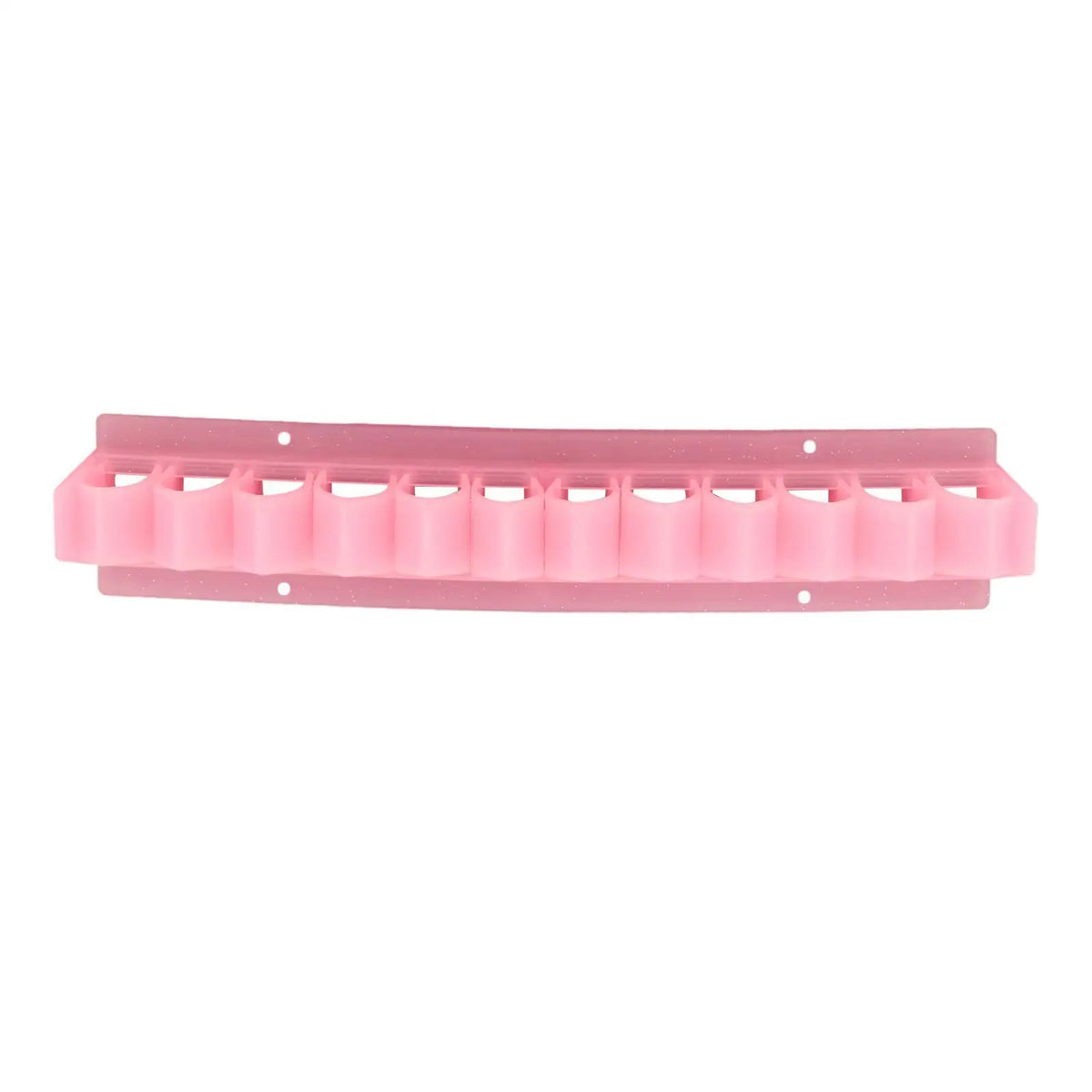Pink wall-mounted whip organizer rack with multiple slots for storing whips or similar items.