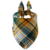 A plaid bandana featuring shades of green, yellow, and brown with fringed edges.