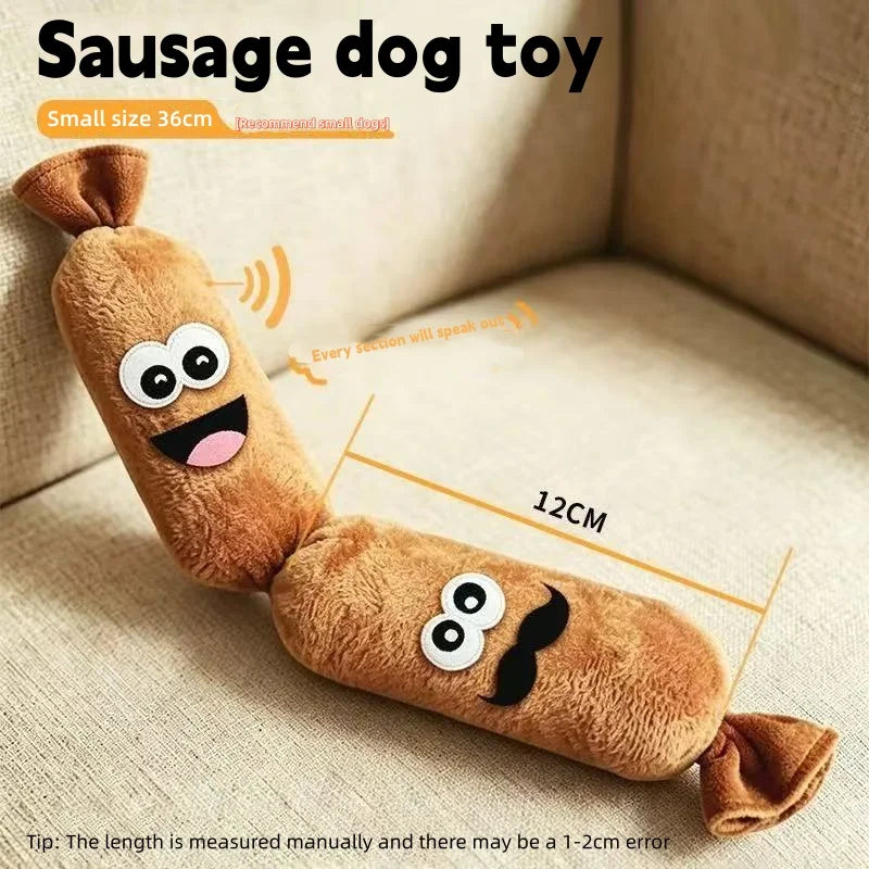 A brown sausage-shaped plush squeaky dog toy lying on a light fabric surface.