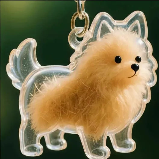 Clé-rabat en plastique transparent avec la tête et le corps d'un chien doux brun clair.