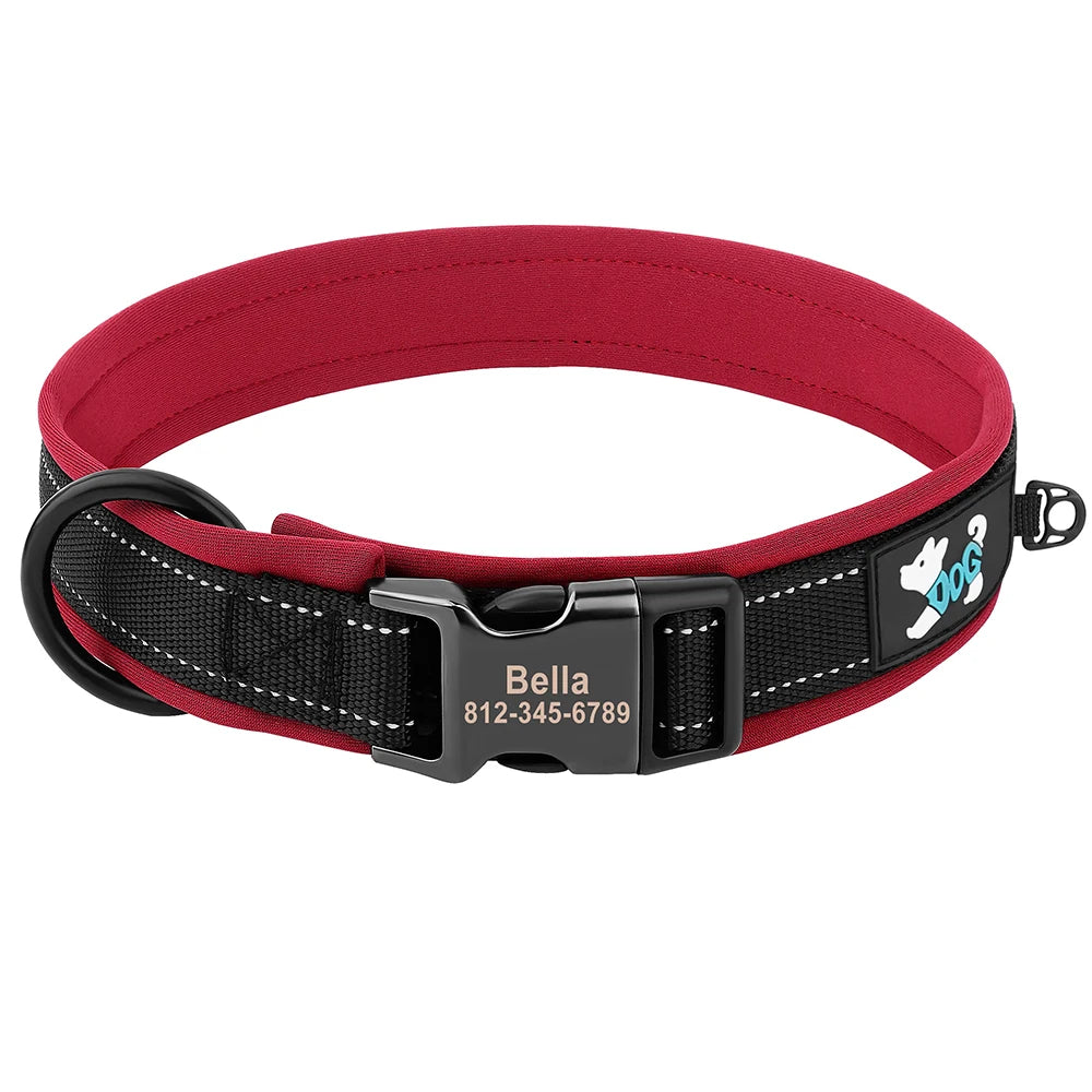 A maroon dog collar with a black strap and silver buckle featuring a white dog silhouette and the name Bella engraved on it.