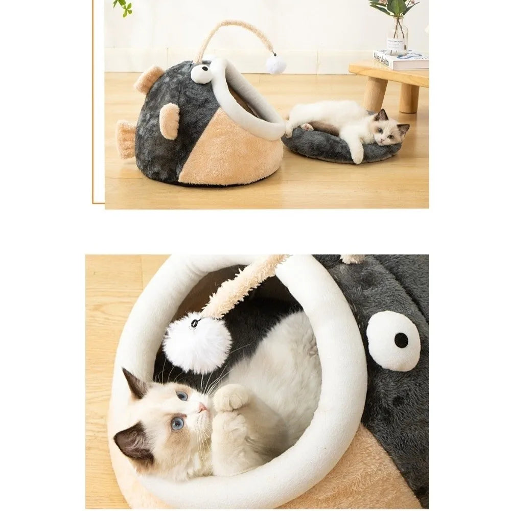 Cozy Cave Cat Bed with Lantern Fish Design