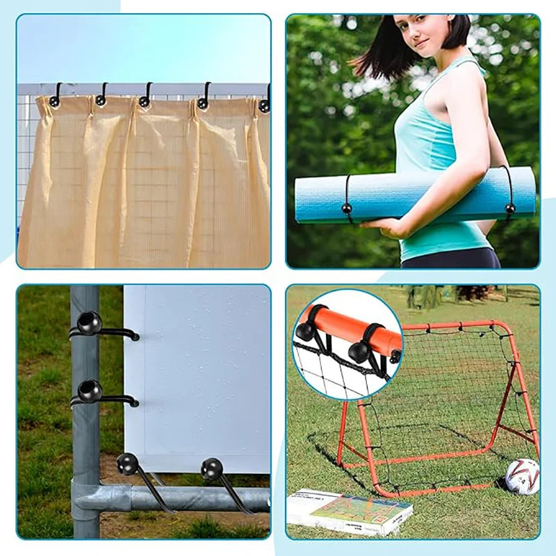 Close-up view of heavy duty bungee balls with cords used to secure a tarp or tent.