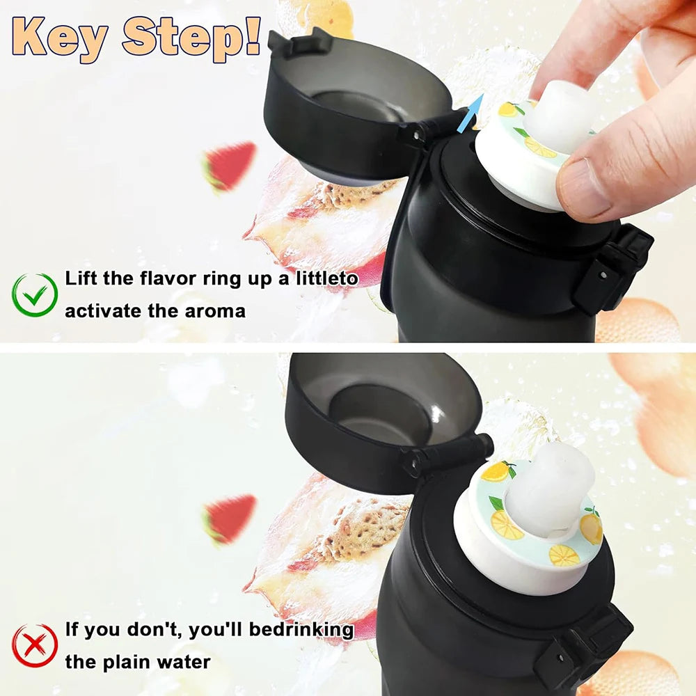A close-up of a black flavor pod device being used to infuse fruit scent into water, showing the activation step and a warnin