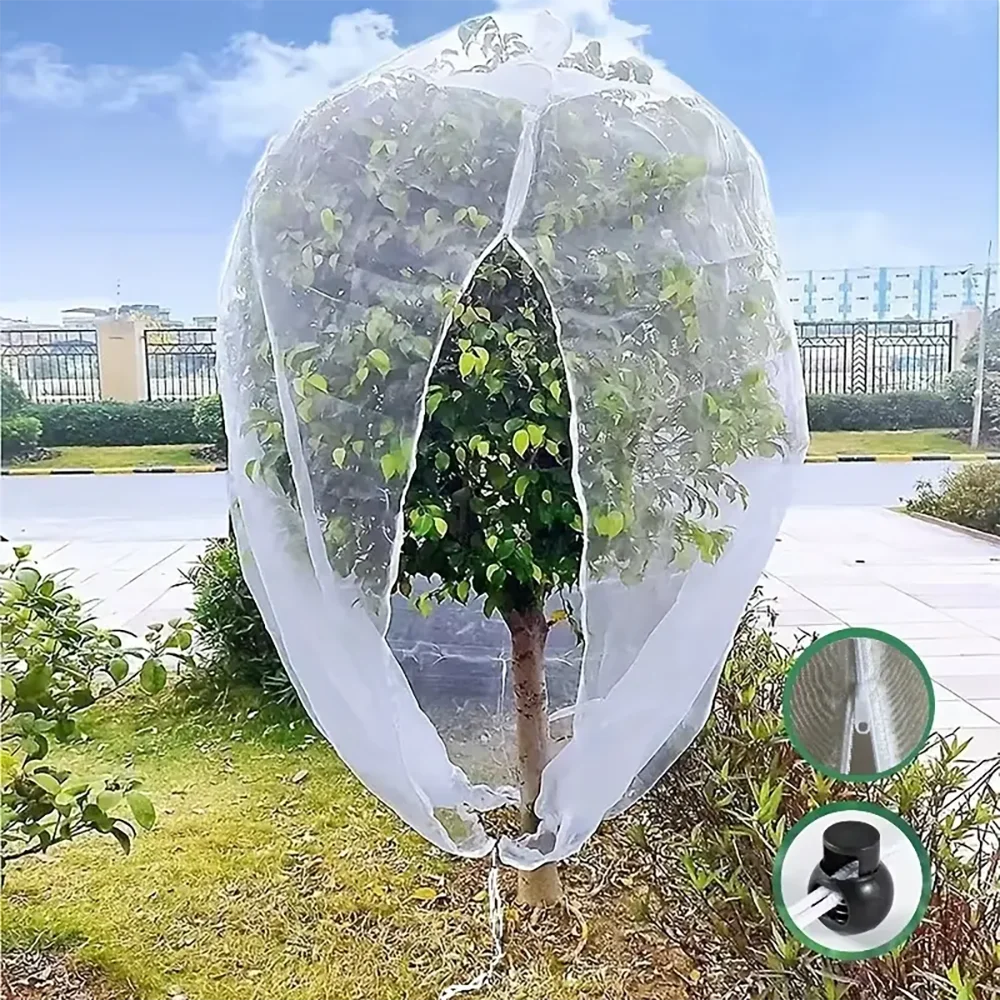 Extra-thick garden netting with a zipper and drawstring protecting a tree from birds and insects.