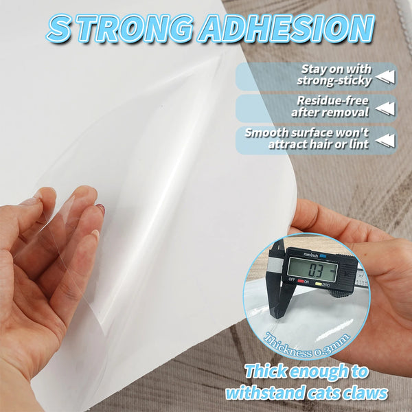 A hand demonstrates a piece of clear, strong adhesive tape used for furniture protection against cats.