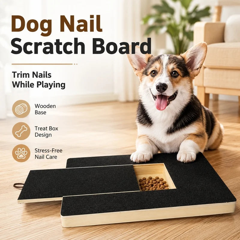Wooden Dog Nail Scratch Board with Treat Box and Sandpaper Pad