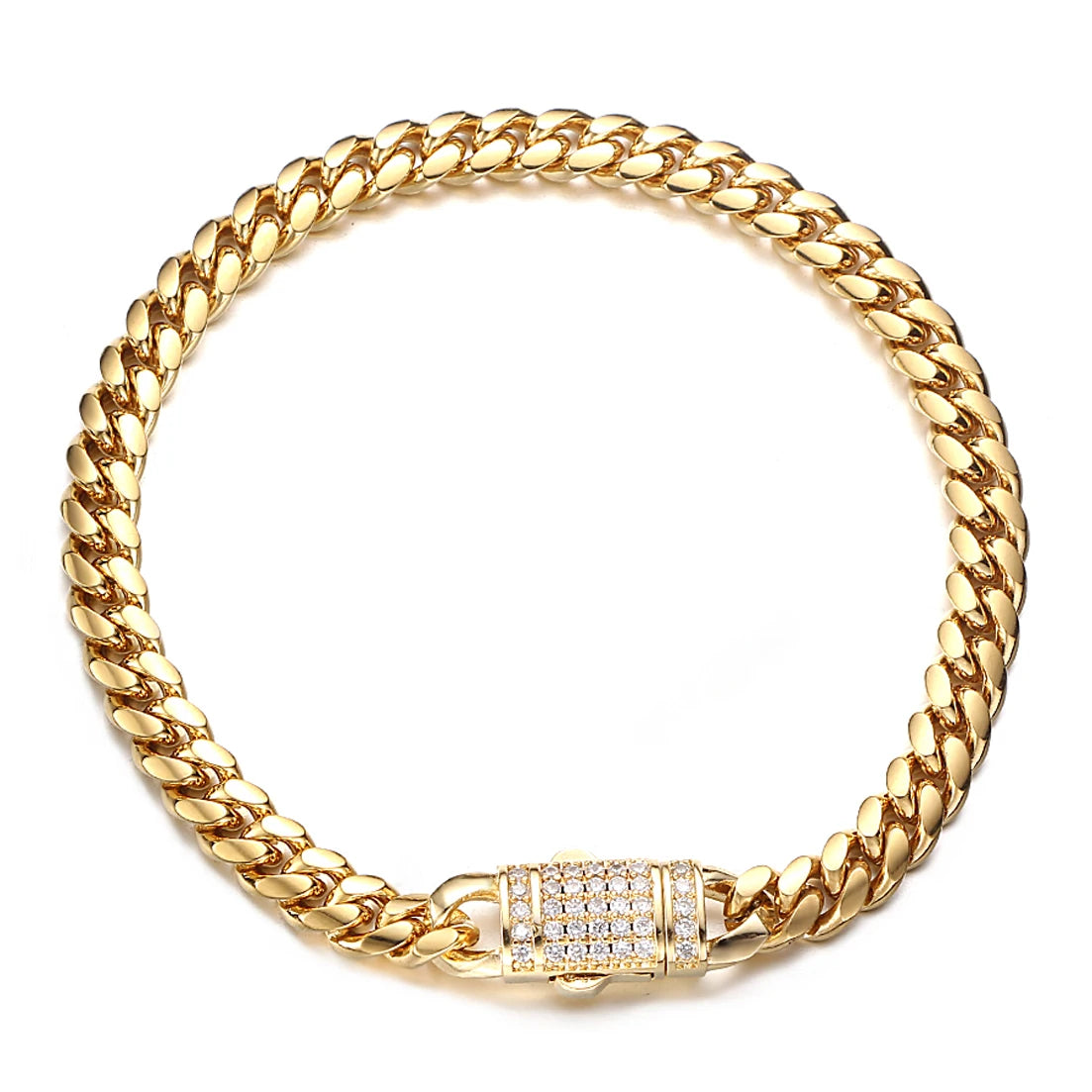 A gold-toned stainless steel curb chain bracelet with a diamond-encrusted clasp.