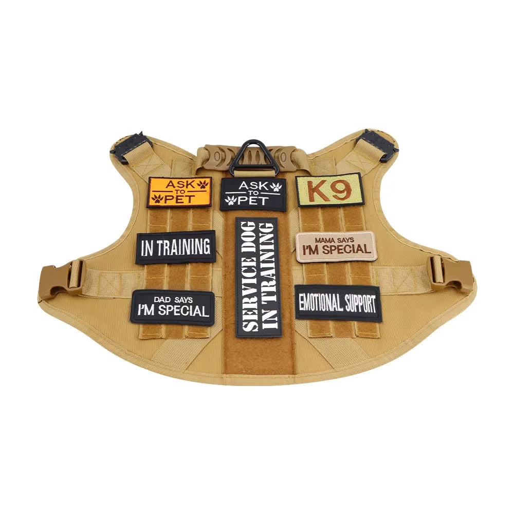 A tan tactical patch set for dog vests, including tags like ASK to PET and K9, displayed on a harness.