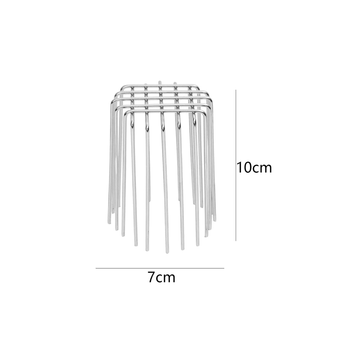 Stainless steel roof and floor drain mesh cover with multiple vertical rods.