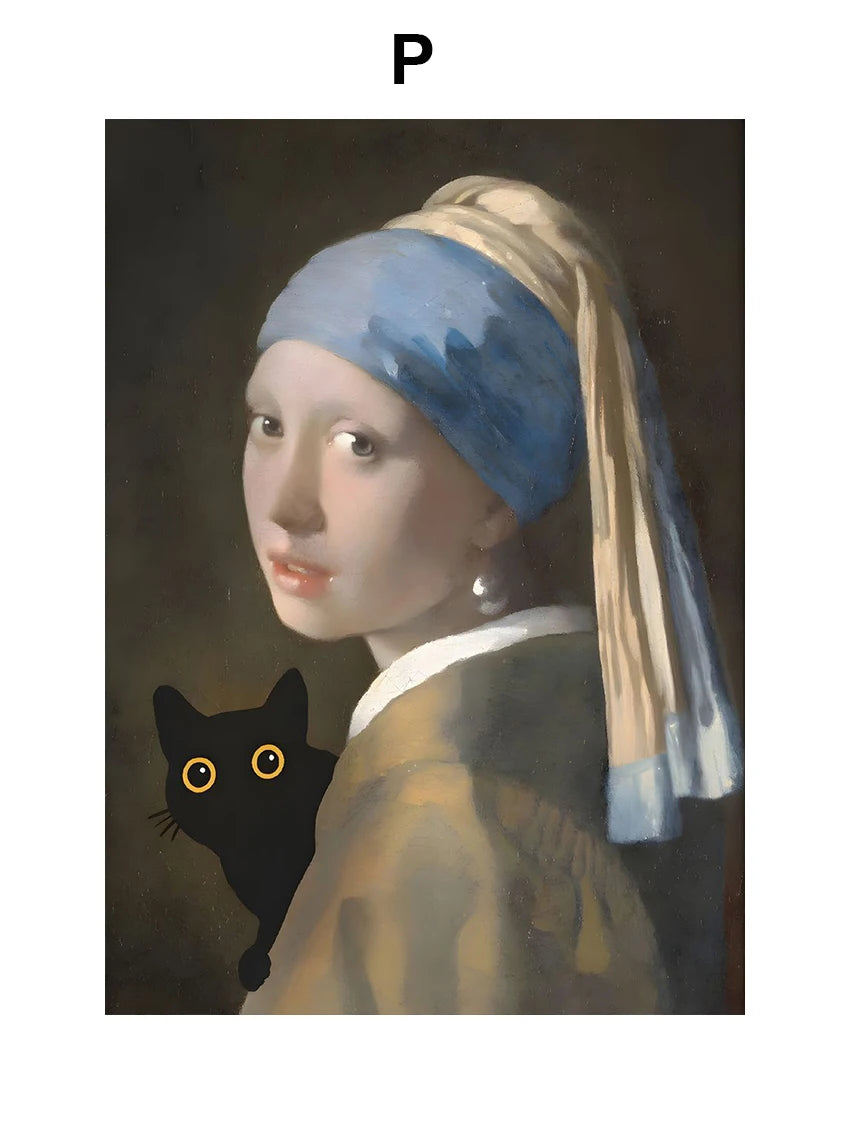 A portrait painting of a woman wearing a blue headscarf and holding a black cat.