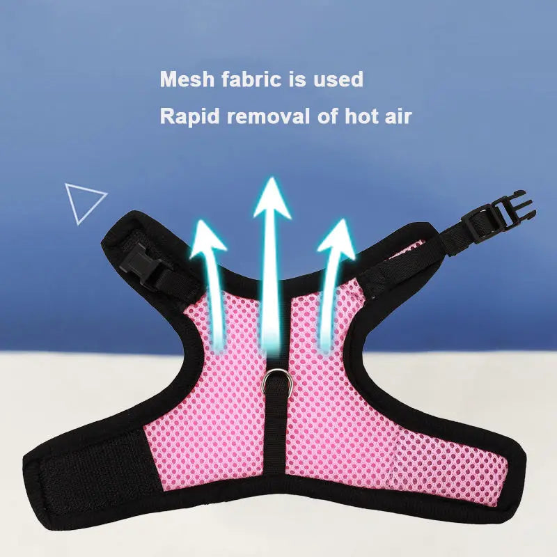 Harnais et laisse en filet rose pour chiens, utilisé pour l'évacuation rapide de l'air chaud