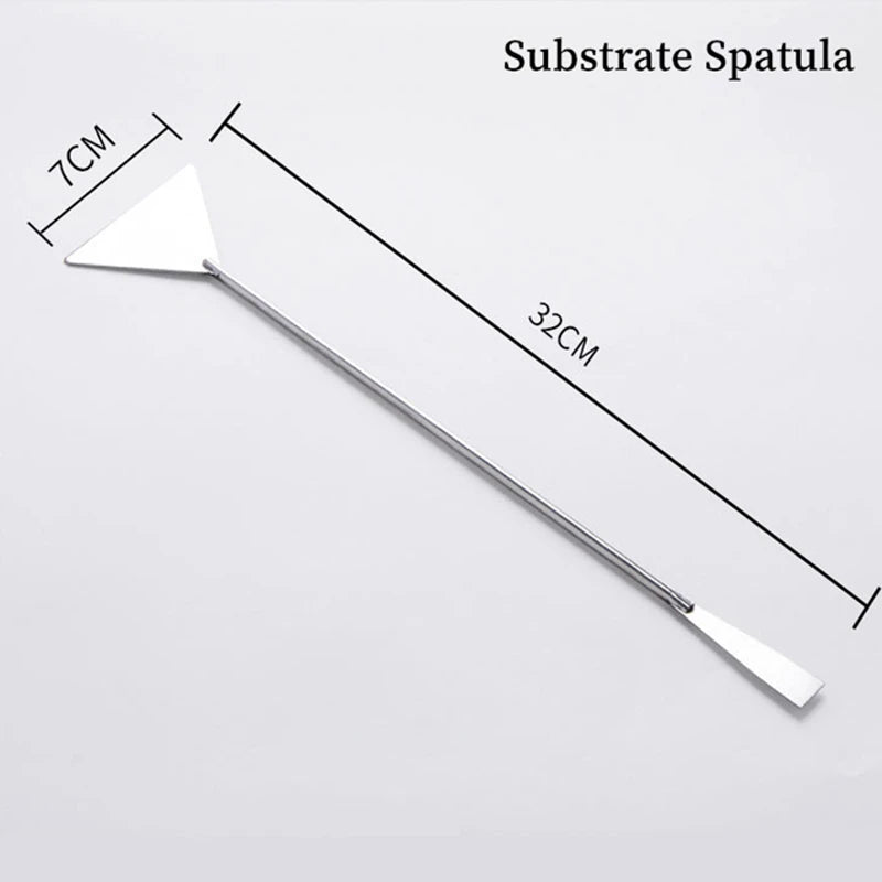 A stainless steel substrate spatula with a 32cm length and a 7cm wide tip.