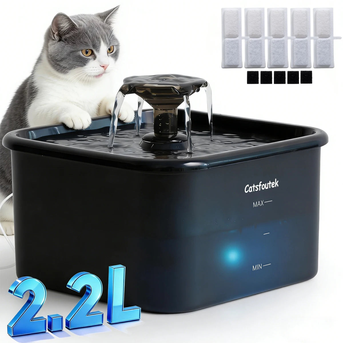 A black cat water fountain is shown with a cat drinking, alongside filter components and volume markings.