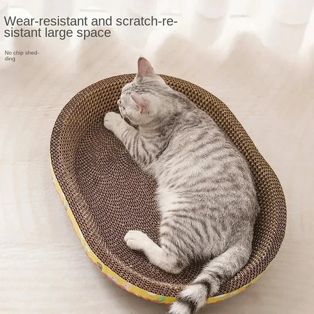 A gray tabby cat is relaxing in a woven, wear-resistant scratching post designed for furniture protection.