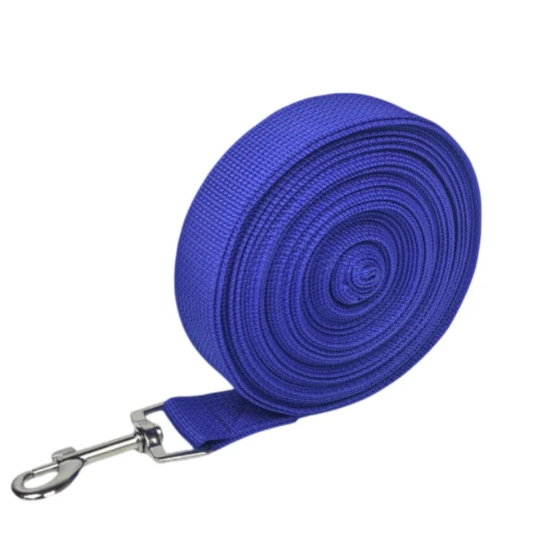A coiled royal blue nylon dog leash with a metal clip attached.