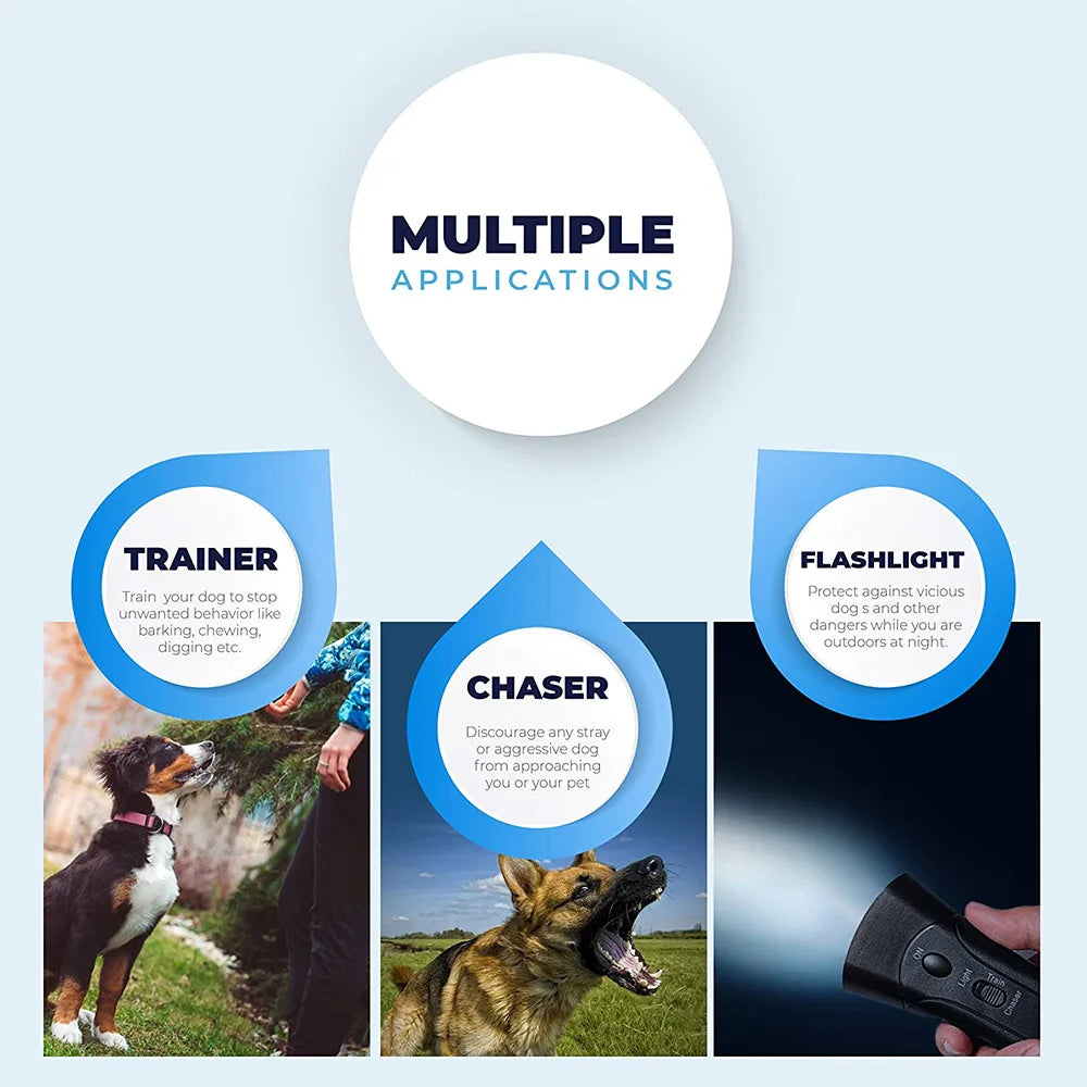 Ein Trainer verwendet einen Ultraschall-Hundbell als Abschreckmittel mit einer LED-Taschenlampe, um einen streunenden Hund ab