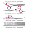 A set of dog grooming tools including thinning scissors, straight scissors, curved scissors, and a grooming comb.