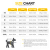 جدول مقاسات لملابس الكلاب يوضح قياسات من XS إلى XXXL
