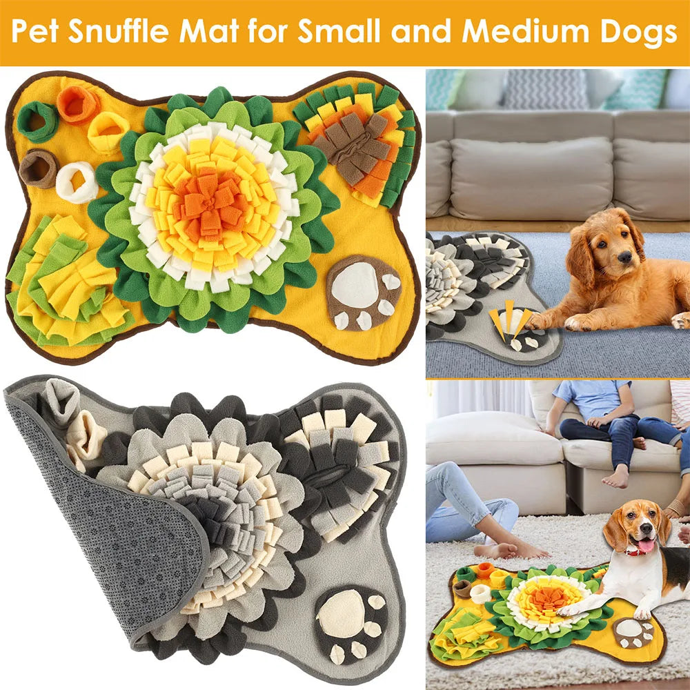 A collection of pet snuffle mats for small and medium dogs, featuring various textures and designs.