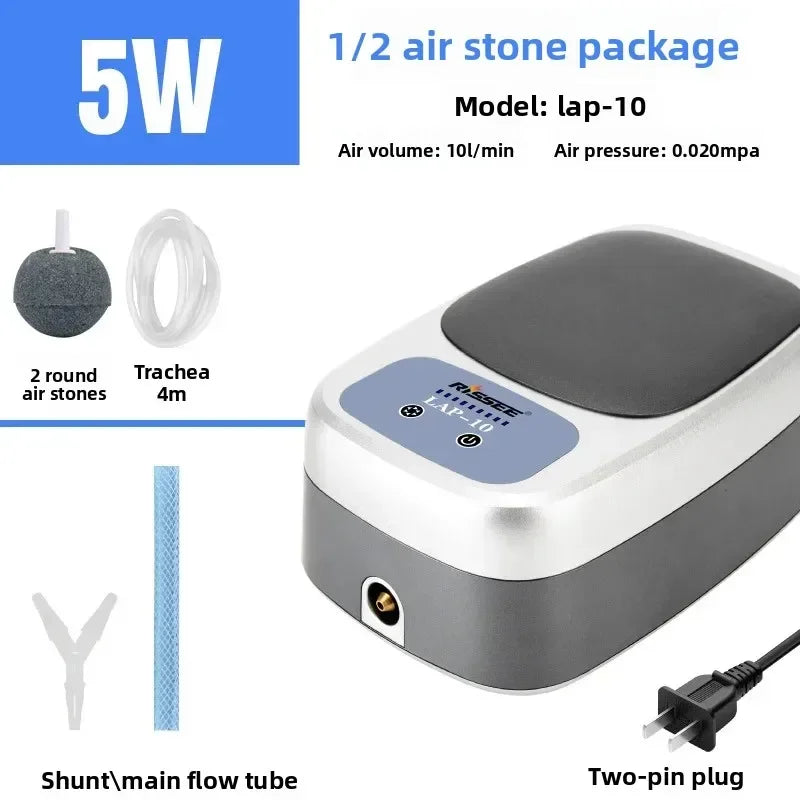 A gray air stone package showing a round air stone, trachea tube, and a two-pin plug for an air pump.