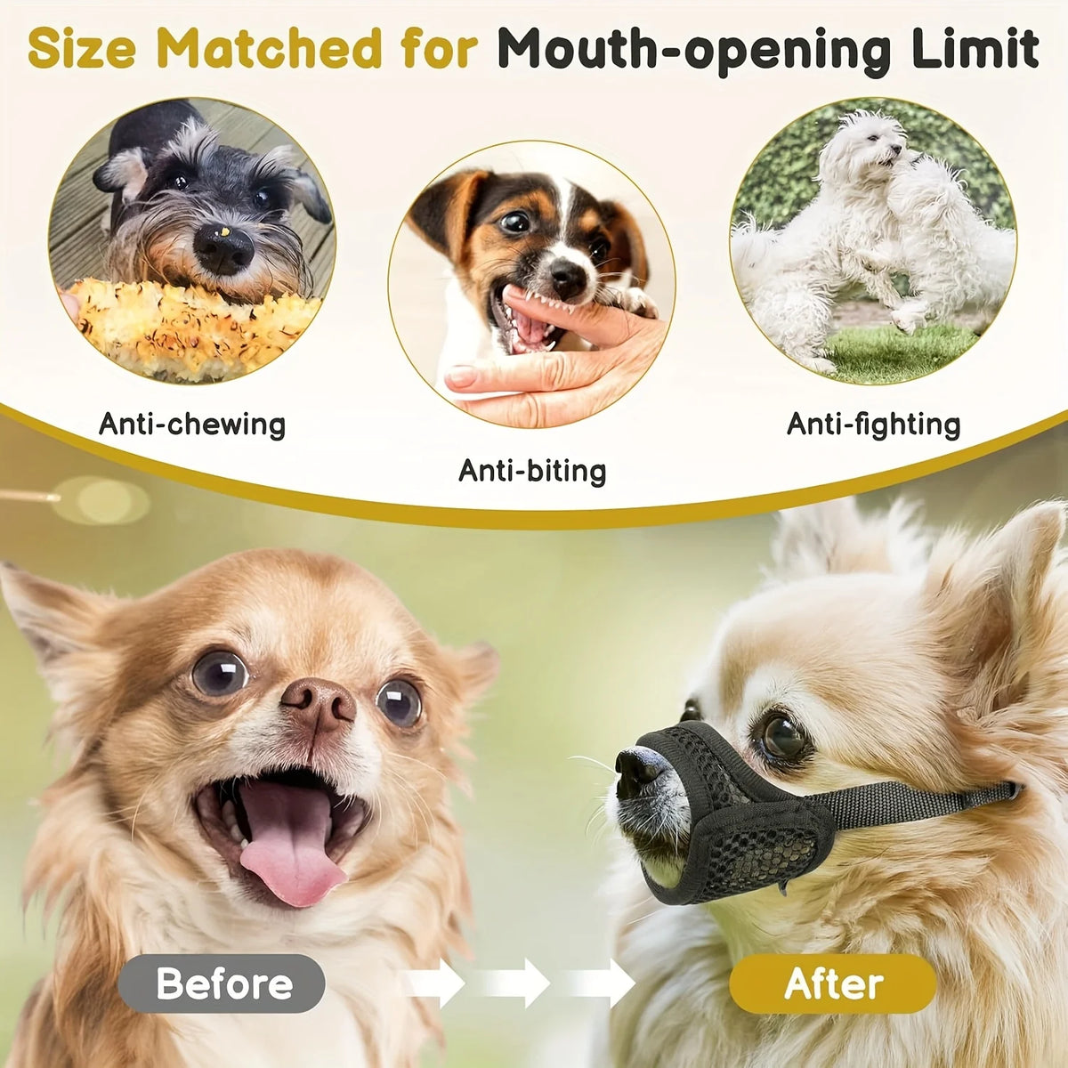 Before and after comparison of a breathable mesh dog muzzle for small breeds