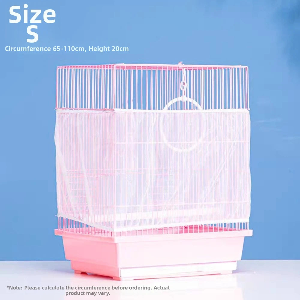 Pink universal bird cage mesh cover set with a bottom tray and hanging wire
