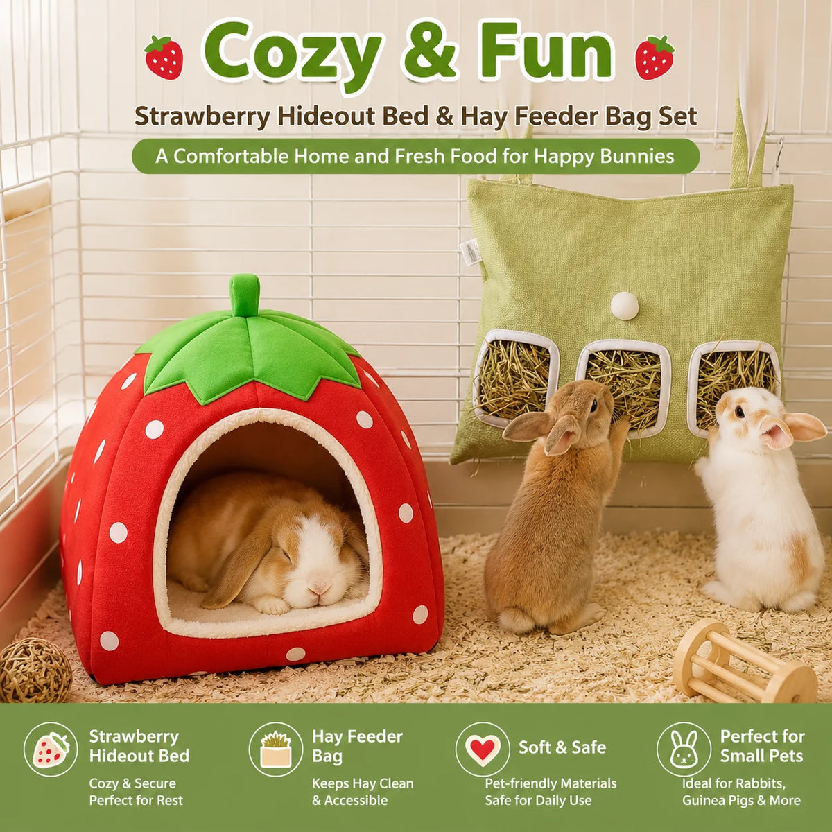 Strawberry Hideaway House and Hay Feeder Set for Small Pets