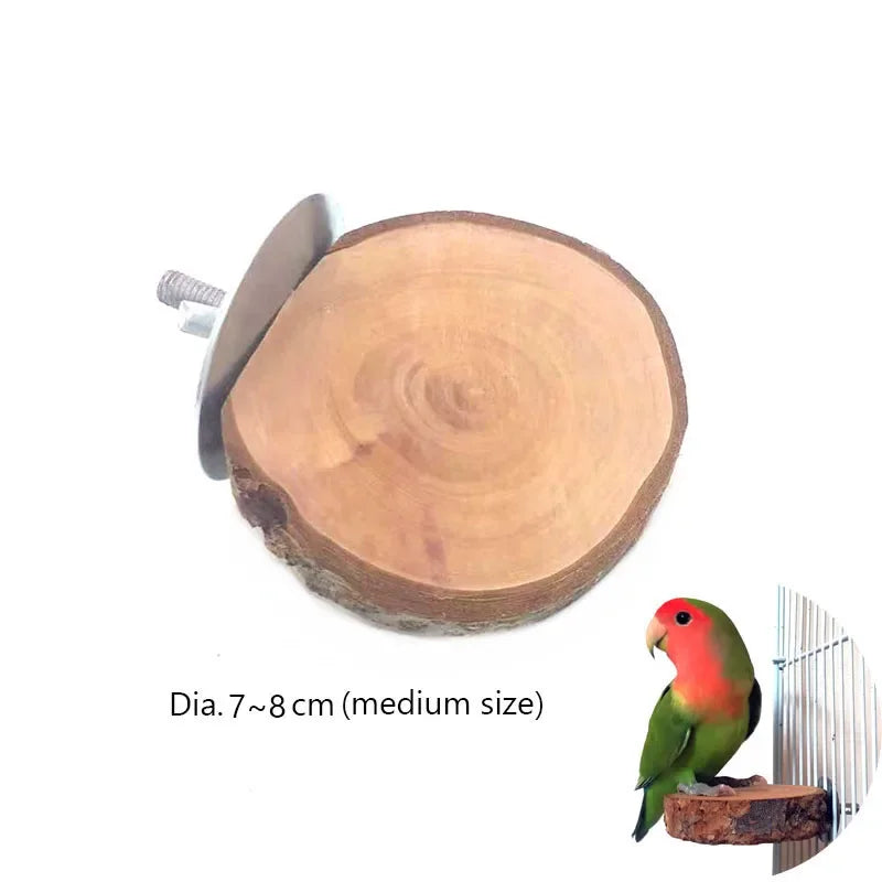 Sección transversal de una percha de madera natural para pájaros, mostrando la veta y el diámetro.