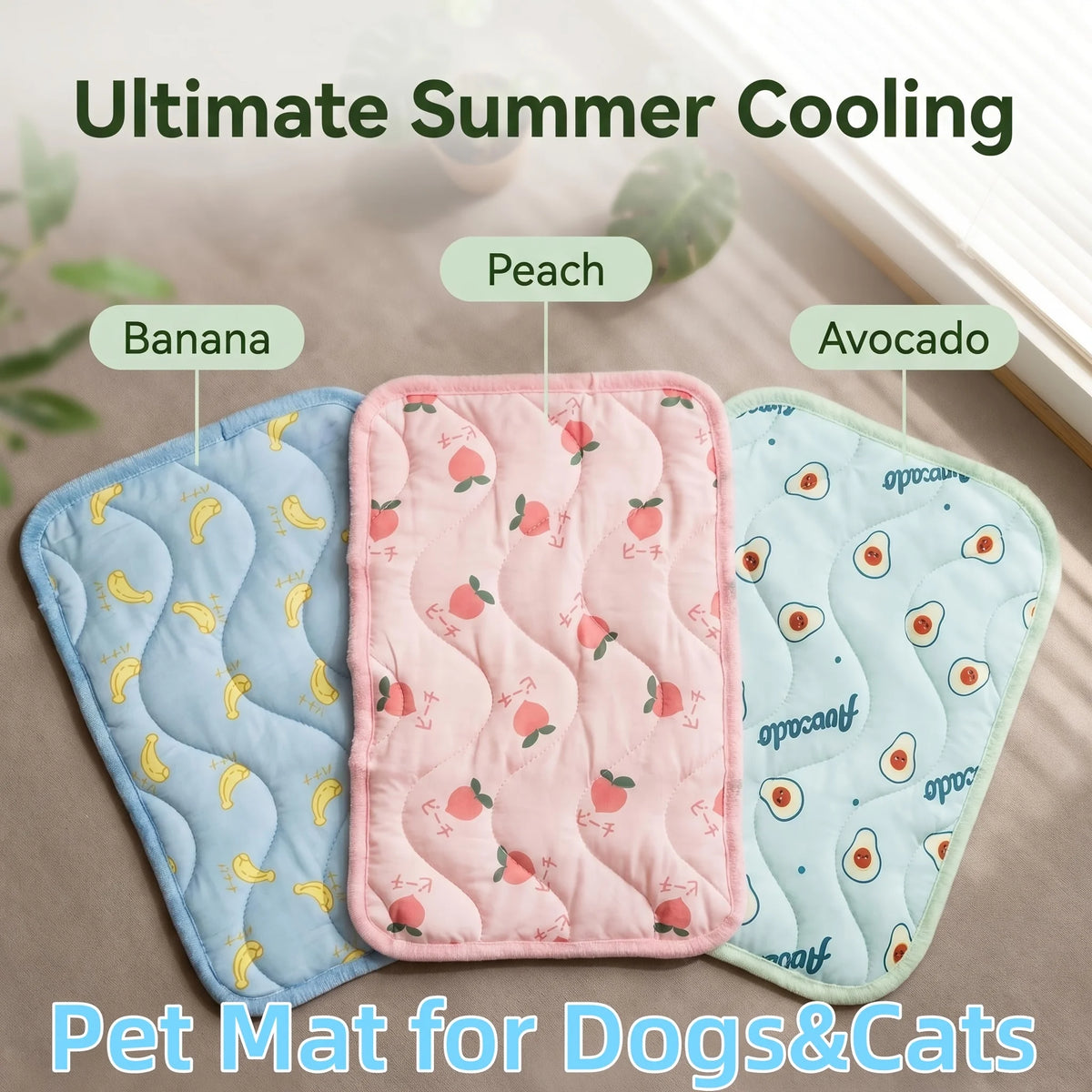 Pink and blue quilted pet mat for dogs and cats featuring fruit designs like peach, banana, and avocado.