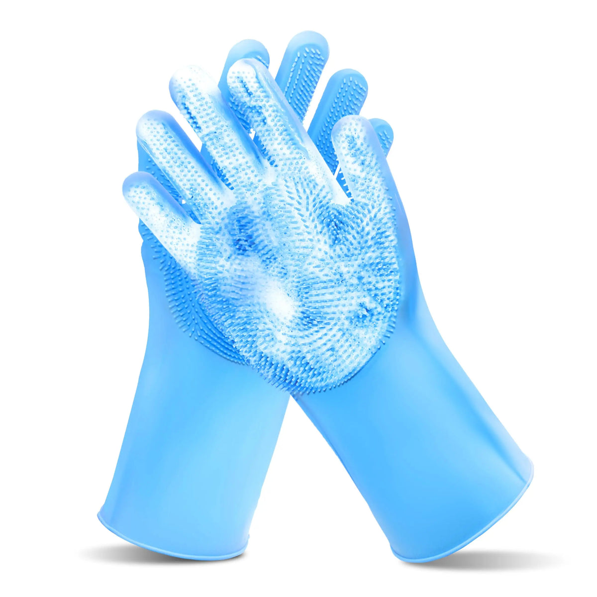 A pair of light blue silicone pet bathing gloves with textured grooming teeth.
