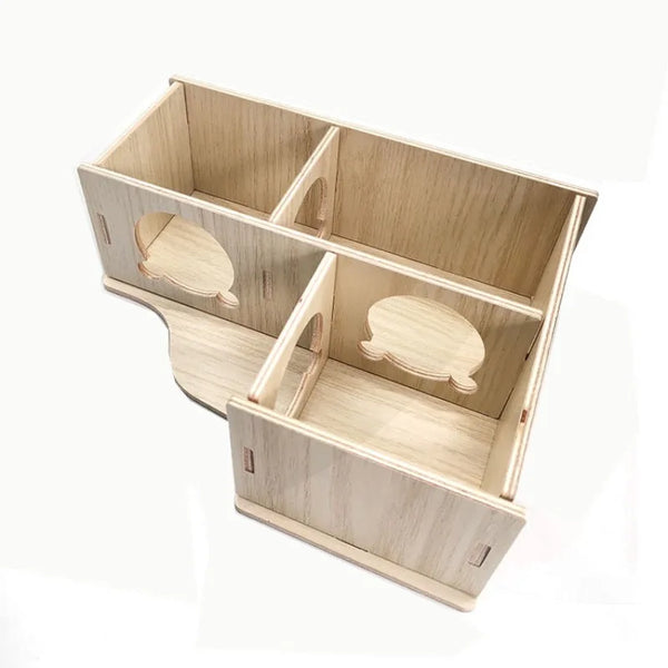 A light wood wooden multi-room maze playhouse designed for hamsters.