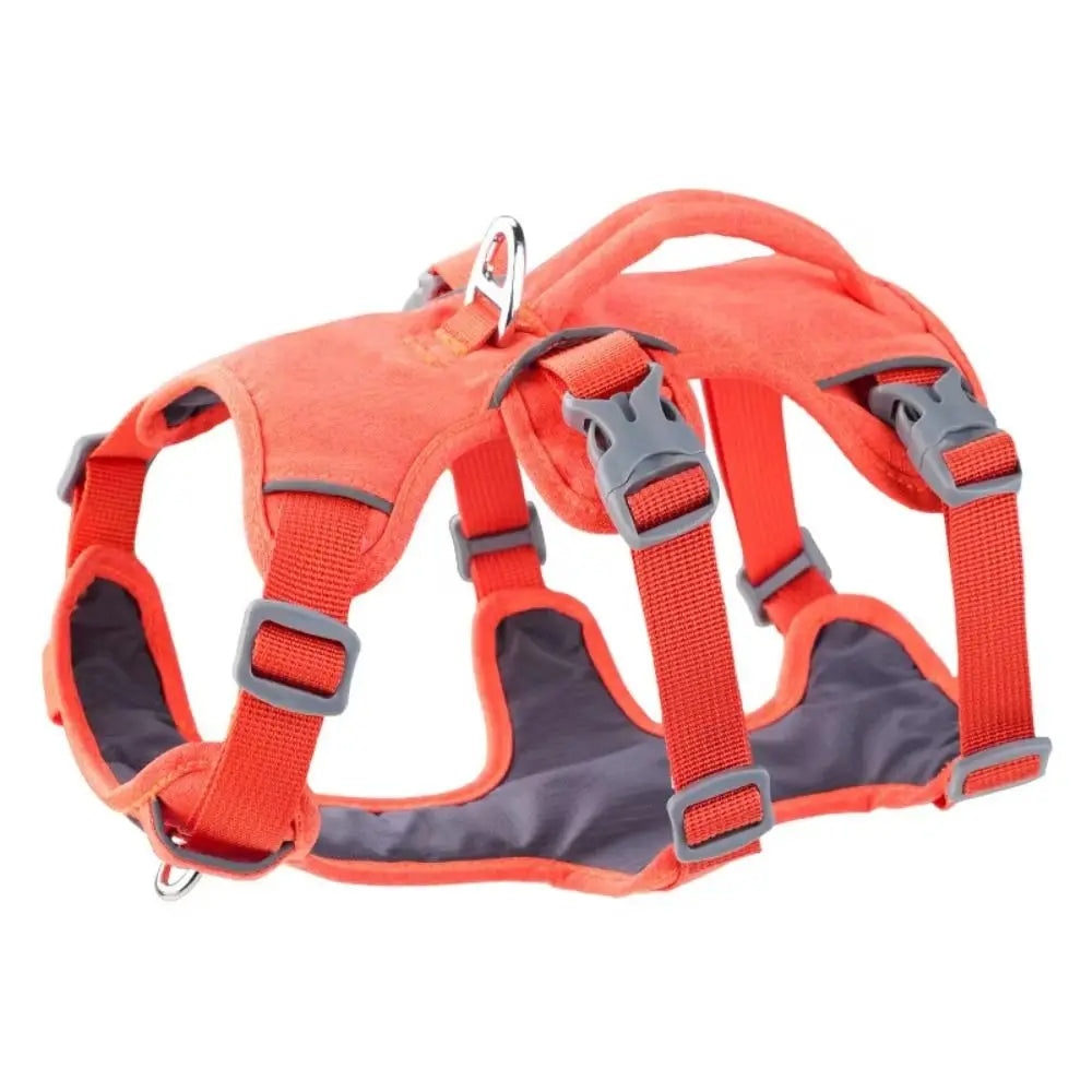 Orange padded dog harness with a gray control handle
