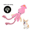 Pink squeaky octopus dog toy with a cotton rope tail for interactive play