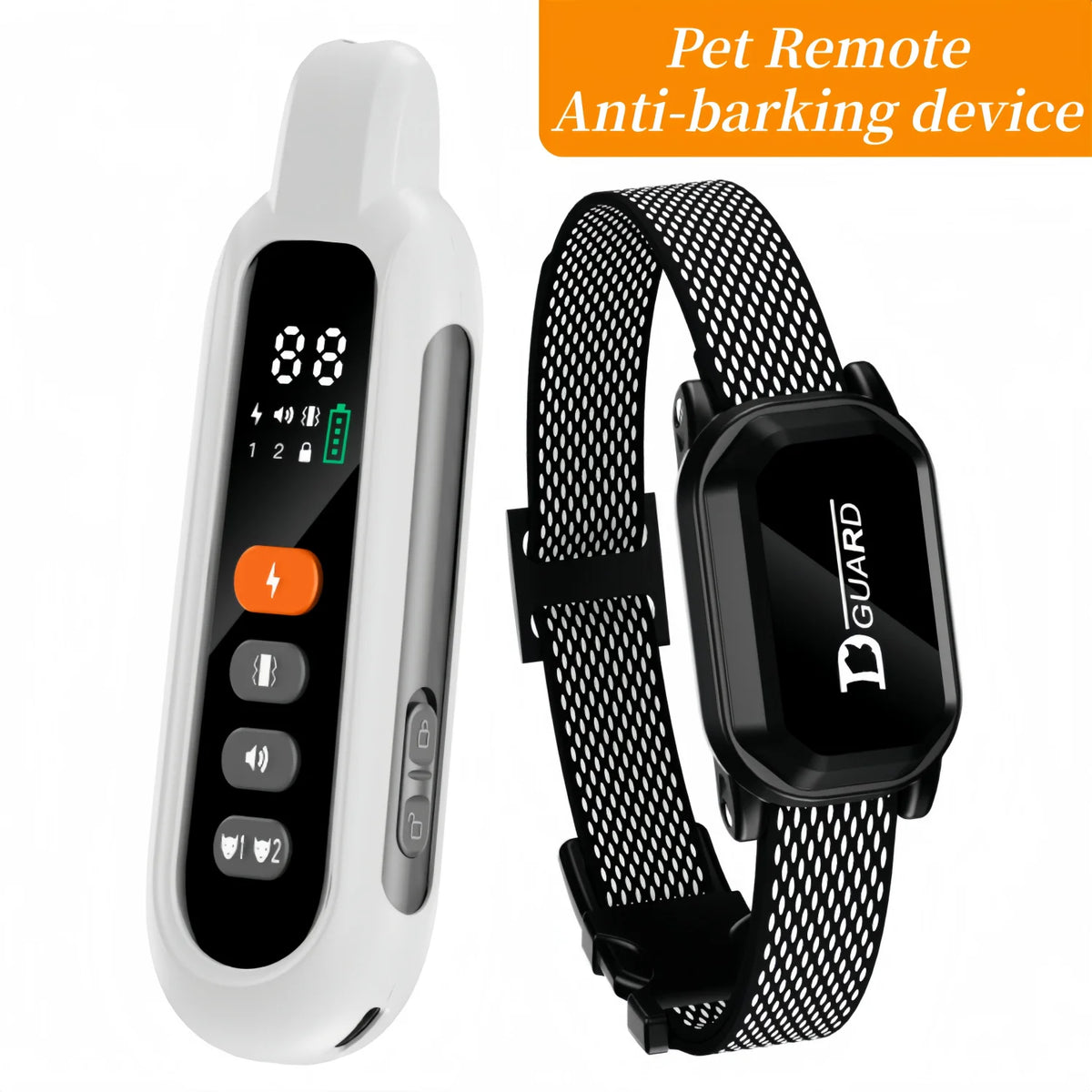A white pet remote anti-barking device with a black watch-style remote and a black strap.