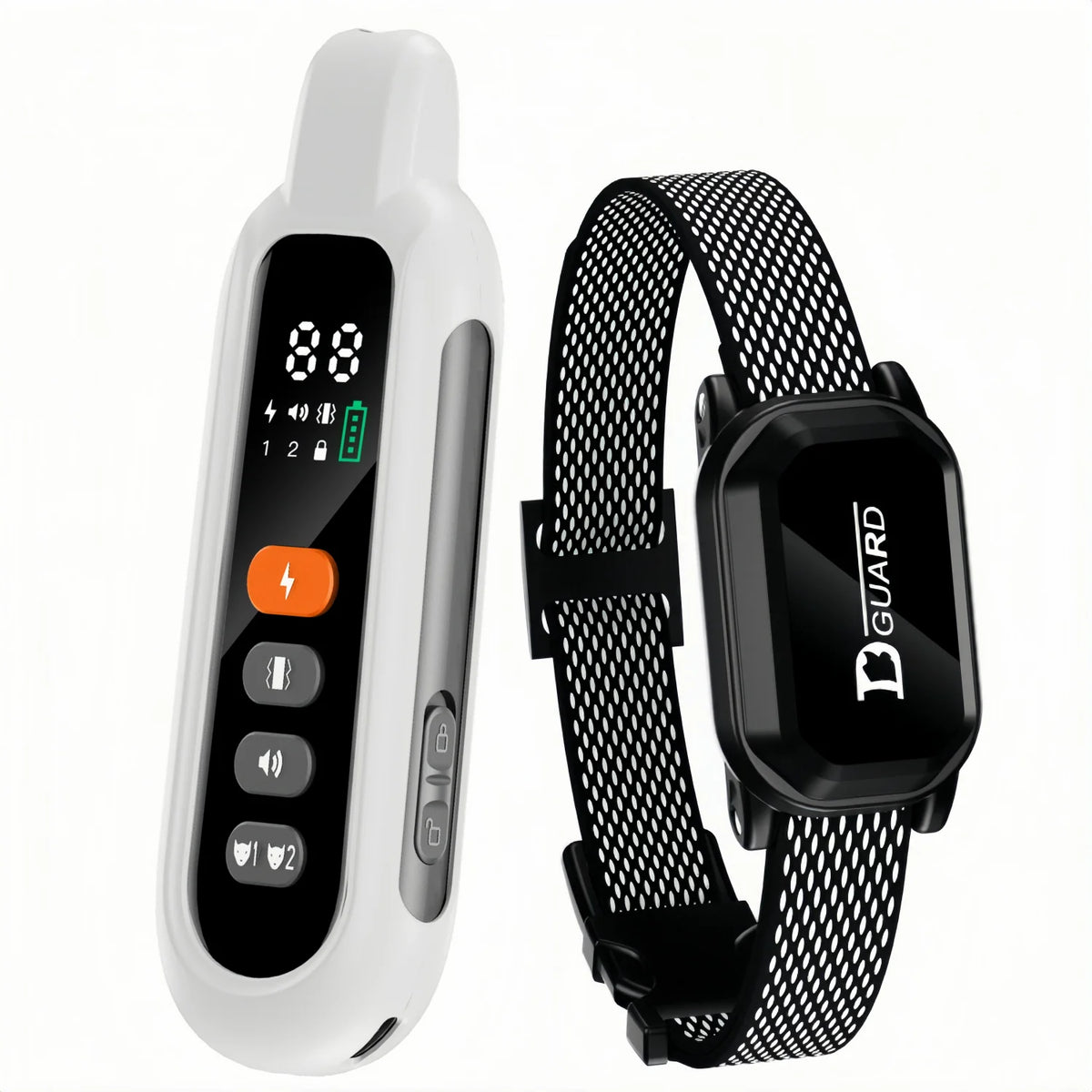 A white remote dog training collar with a black band and a square transmitter unit.