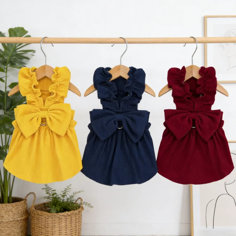 Vintage Corduroy Pet Dress with Bow and Ruffle Skirt