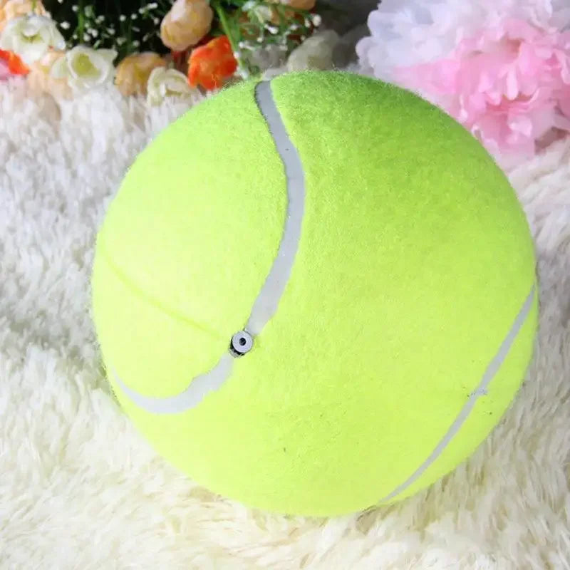 Helle limettengrüne aufblasbare Hundespielball auf einer weißen flauschigen Oberfläche.