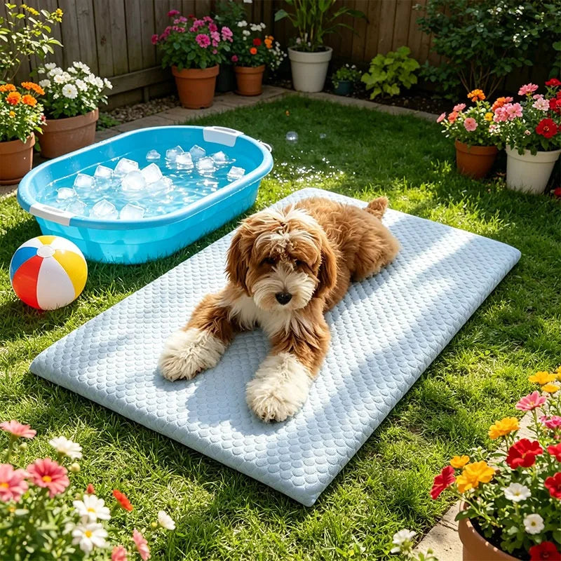 A fluffy golden dog lies on a blue ice silk cooling pet mat in a grassy garden.