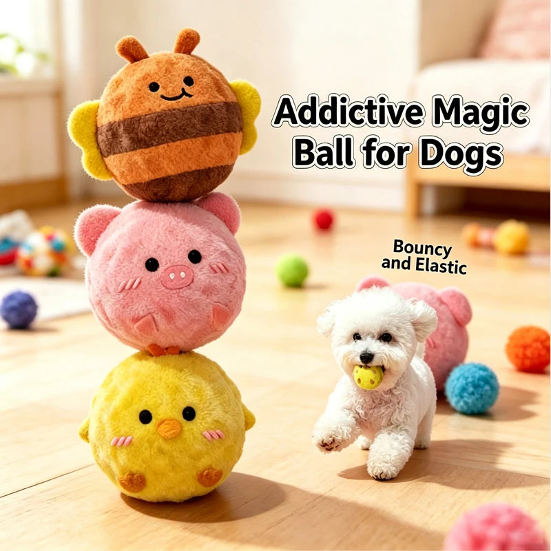 A stack of three plush dog toys shaped like a bee, a pig, and a yellow duck, used for play.