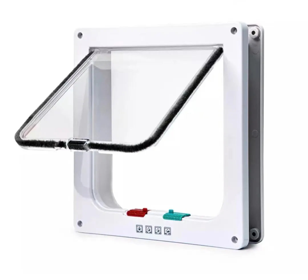 A white two-way pet door with a safety flap is shown, featuring a clear window and control buttons.