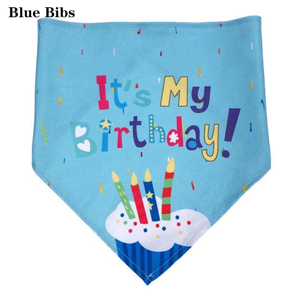 Light blue fabric bib with colorful text saying It's My Birthday and a cupcake design