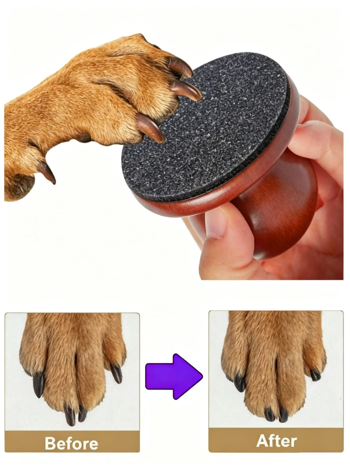 A paw is being filed using a wooden-handle dog nail file with reusable sandpaper pads, showing before and after results.