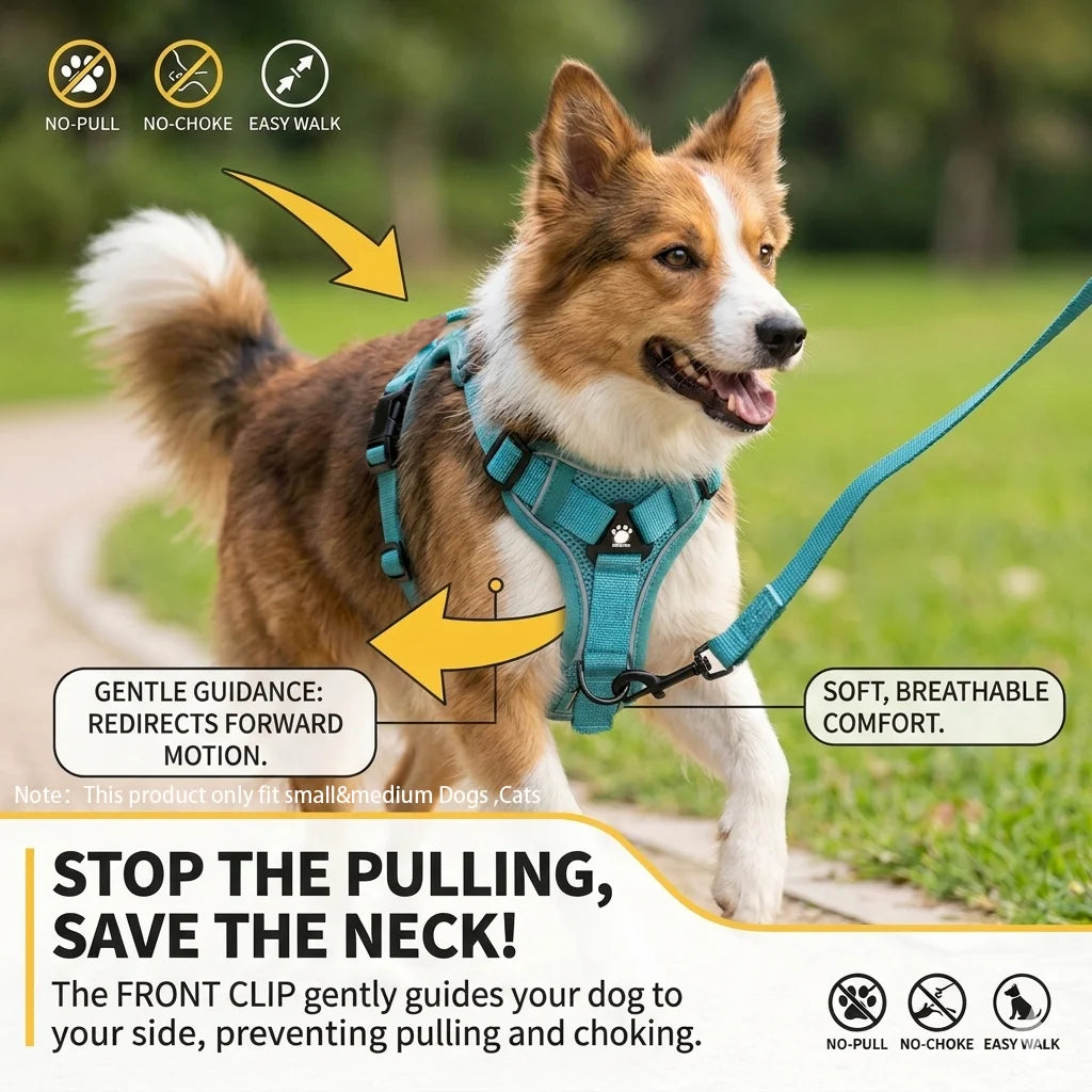A brown and white dog wearing a teal harness and leash, demonstrating gentle guidance for walking.