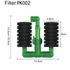 A green biochemical sponge filter with black cylindrical components and a Y-shaped outlet, shown with dimension lines.