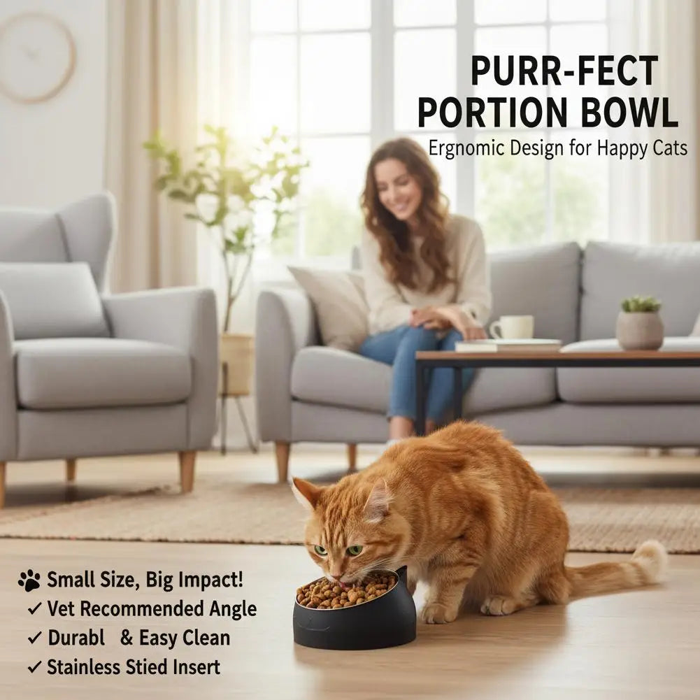 A small orange cat is eating from a black ergonomic pet bowl on a wooden floor.