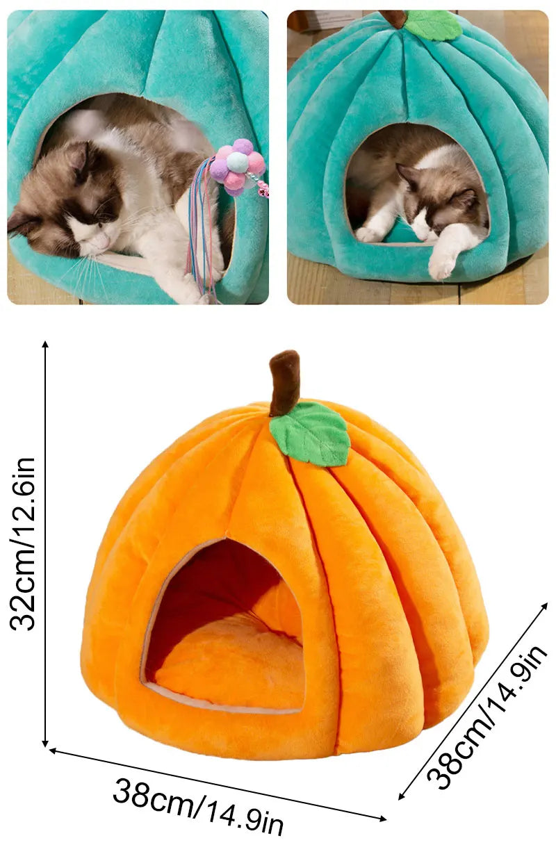 3D Pumpkin Pet House - Semi-Enclosed Bed with Removable Cushion