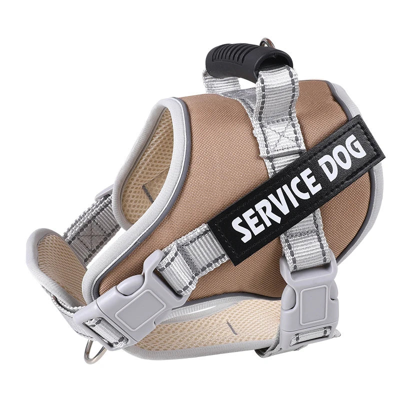 A beige and gray reflective dog harness with a black strap displaying the text SERVICE DOG.