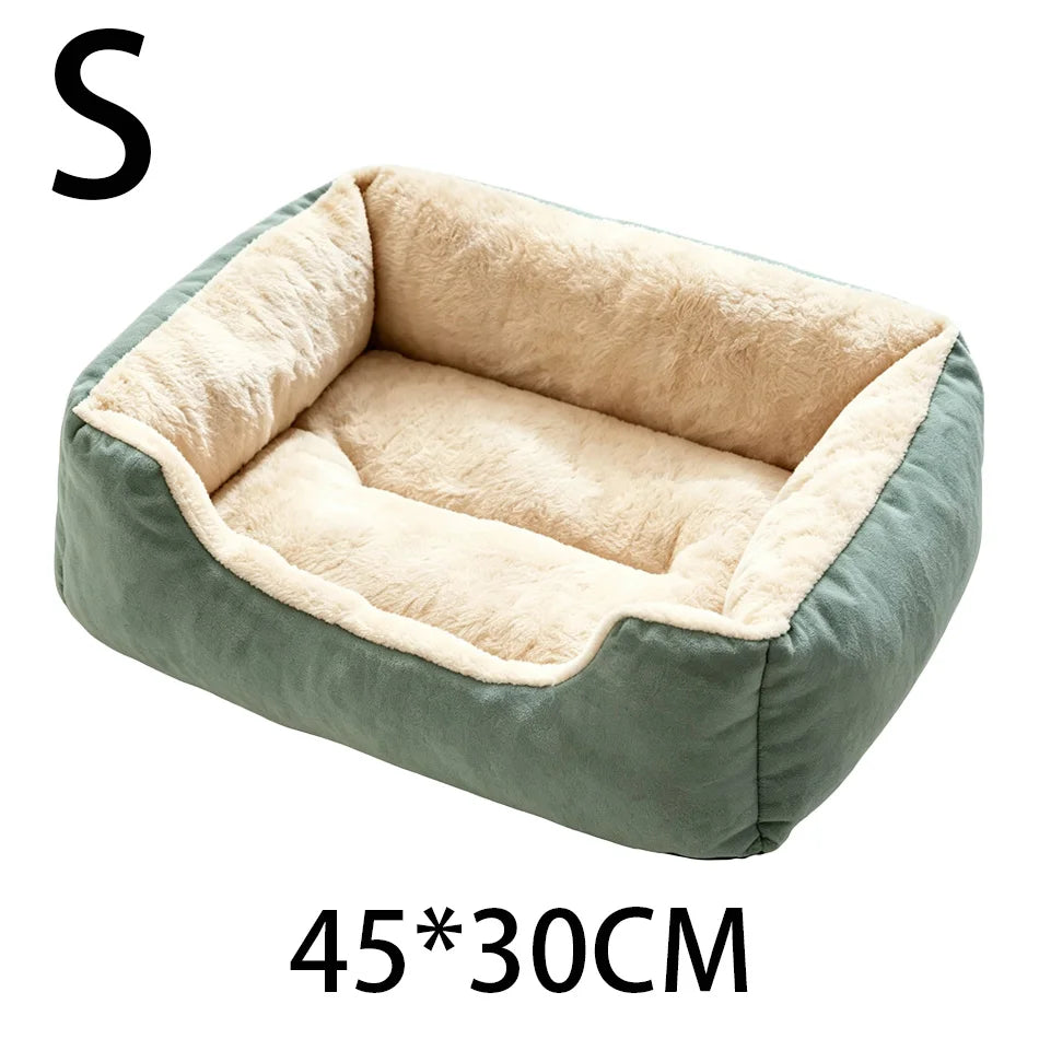 A square, light green plush pet bed with a beige sherpa lining and anti-slip base.
