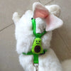A white cartoon rabbit plush toy wearing a green harness and leash with an avocado charm.